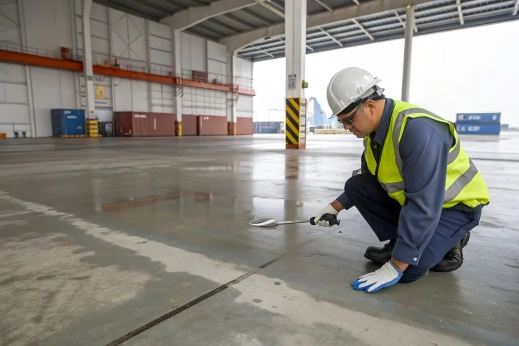 Facility manager conducting concrete moisture testing before epoxy floor coating