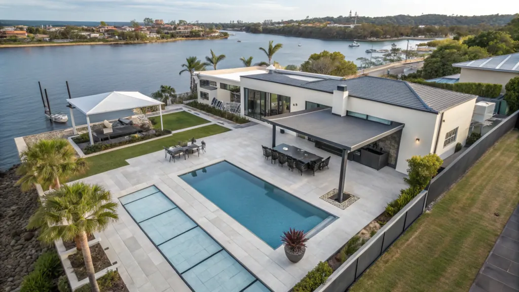 A split perspective aerial photograph showcasing an outdoor epoxy coating installation