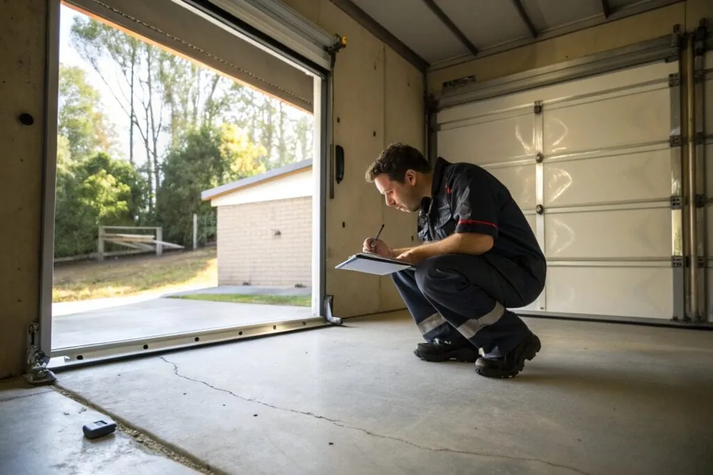 Epoxy flooring installer assessing concrete slab moisture levels before installation in a garage