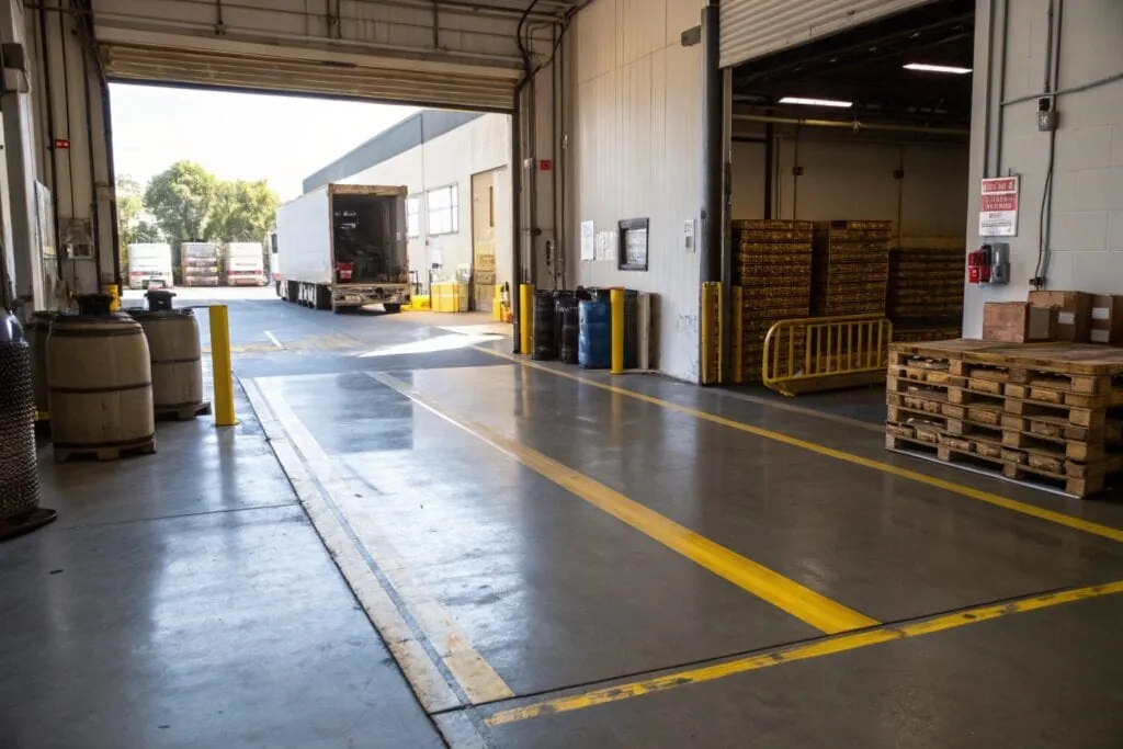 Epoxy floor coating at warehouse loading dock