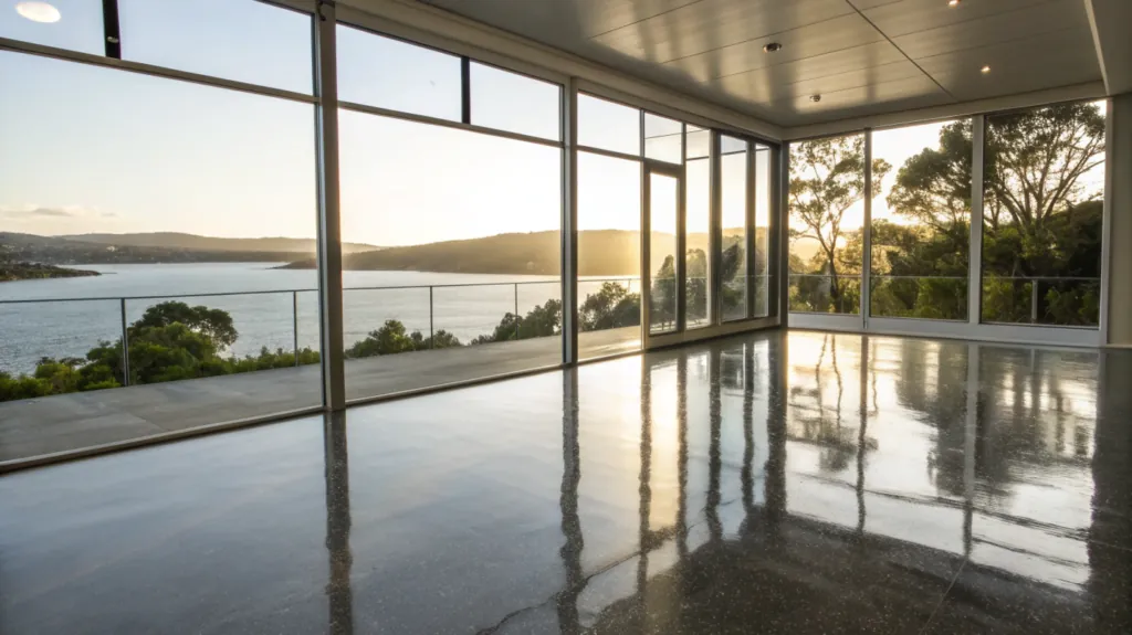 A freshly installed glossy epoxy floor in a sunlit waterfront living room overlooking the water