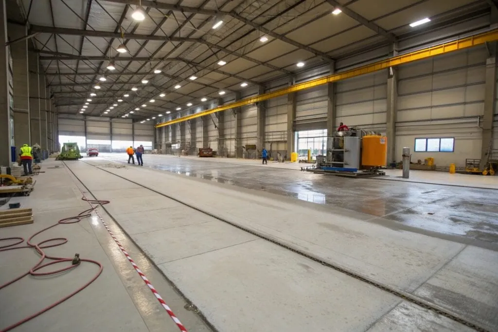 A wide angle shot of a large industrial warehouse with a freshly coated epoxy floor