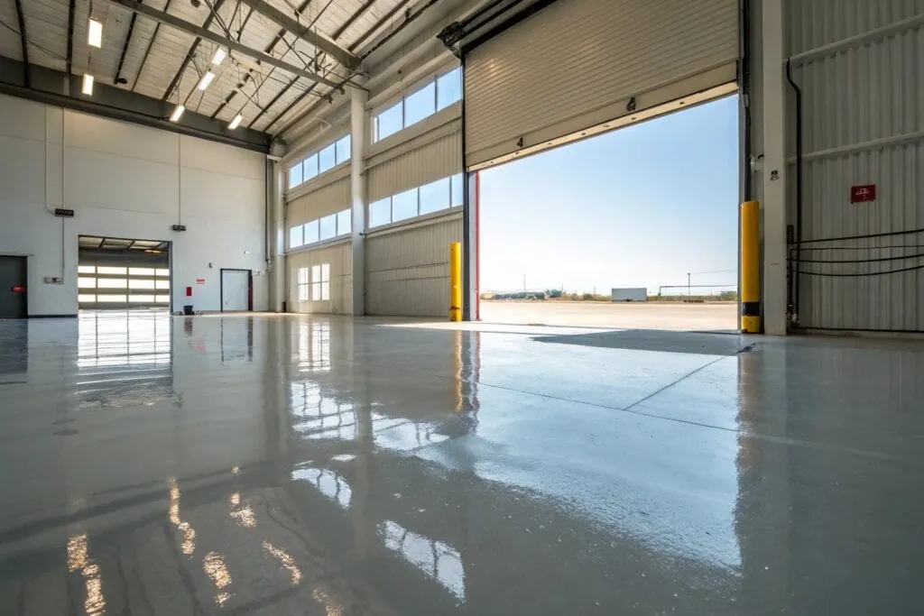 Glossy epoxy floor coating handling humidity and moisture in an industrial facility