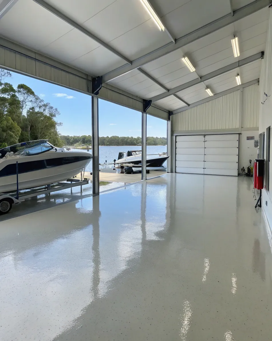 Boat storage garage epoxy floors near Lake Illawarra