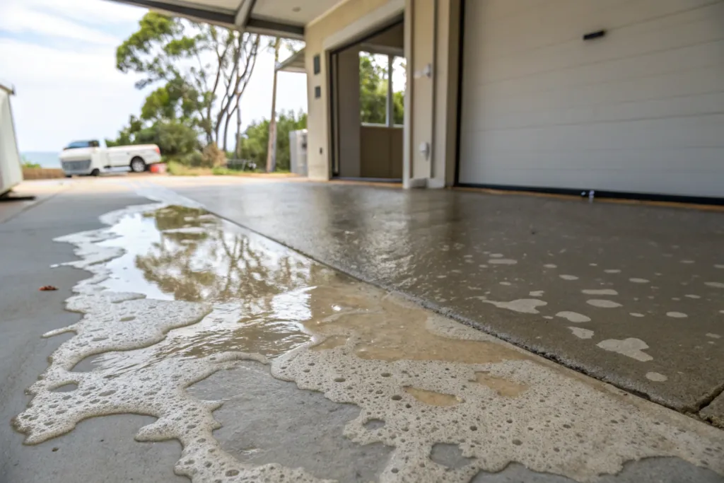 epoxy floor bubbling and peeling caused by coastal humidity in Warrawong garage