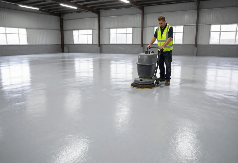 Finished heavy-duty epoxy warehouse floor in an active industrial facility