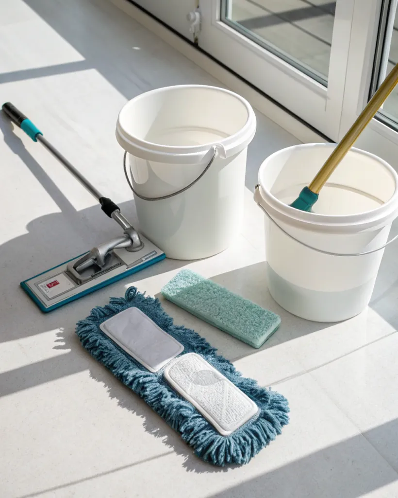 Flat lay of epoxy floor cleaning tools