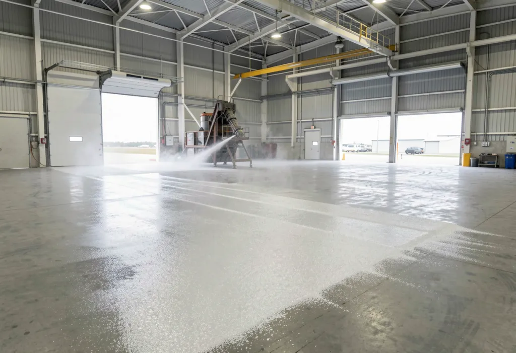 Heavy duty self propelled shot blasting machine moving across a vast open concrete floor inside an industrial facility