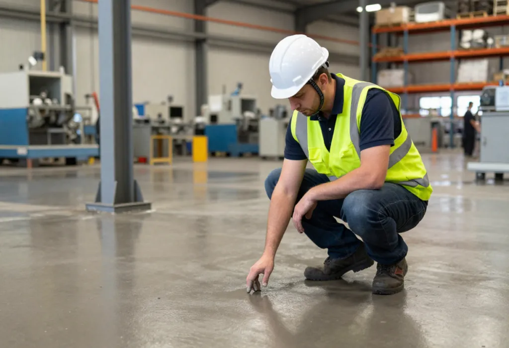 Industrial epoxy floor surface showing coarse aluminium oxide aggregate broadcast texture