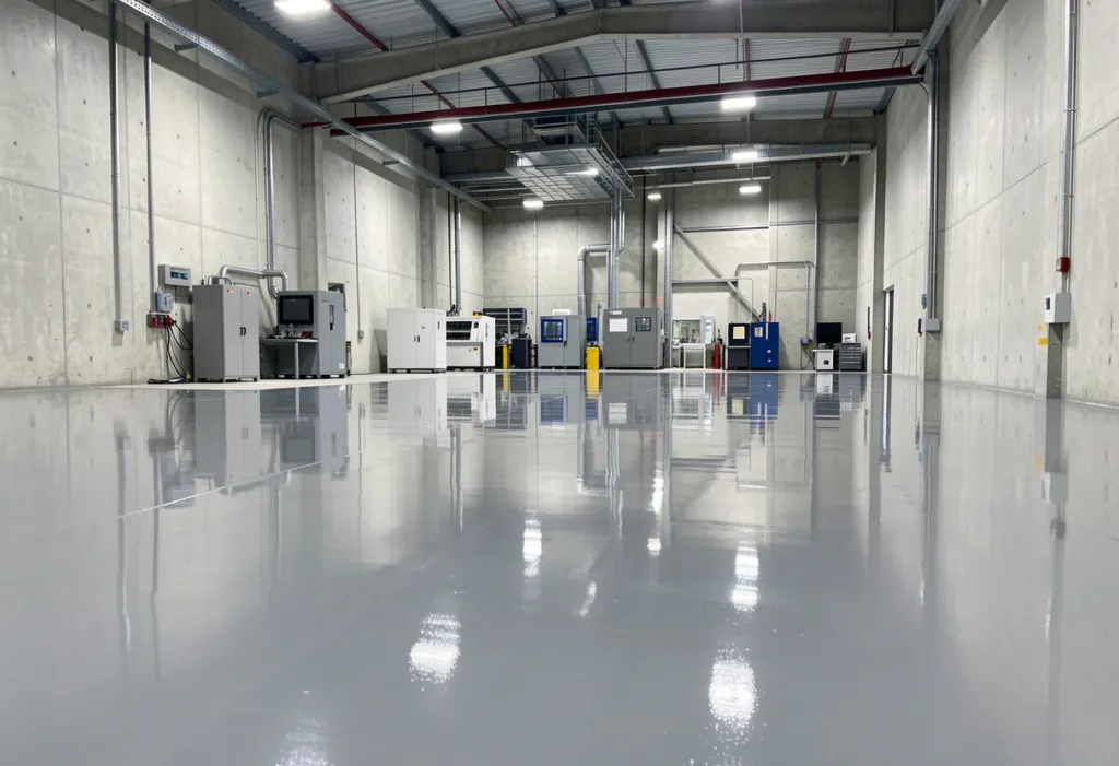 Industrial manufacturing facility with glossy reflective grey epoxy floor coating