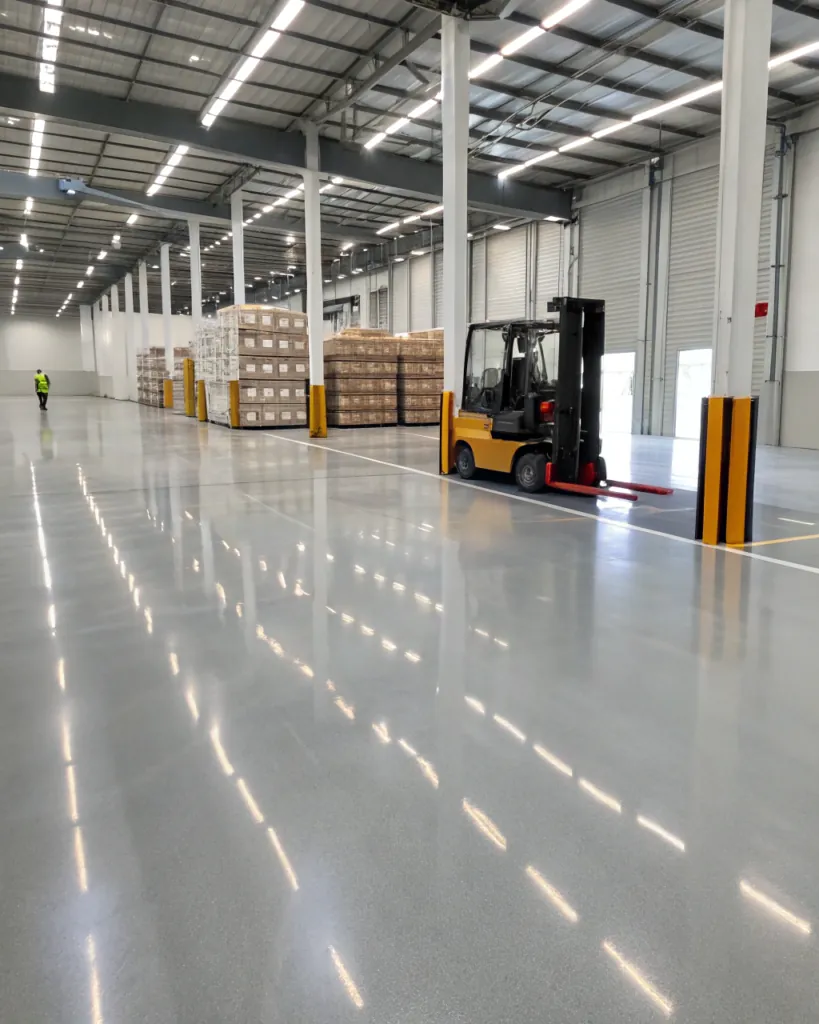 Industrial warehouse interior with smooth gray epoxy floor