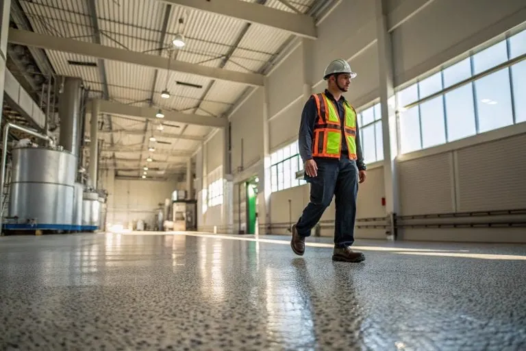 Worker in hi-vis walking across a textured industrial epoxy floor