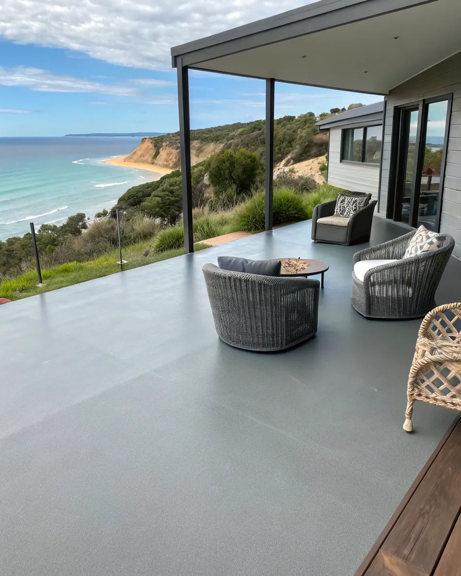 Modern outdoor patio with grey epoxy floor coating