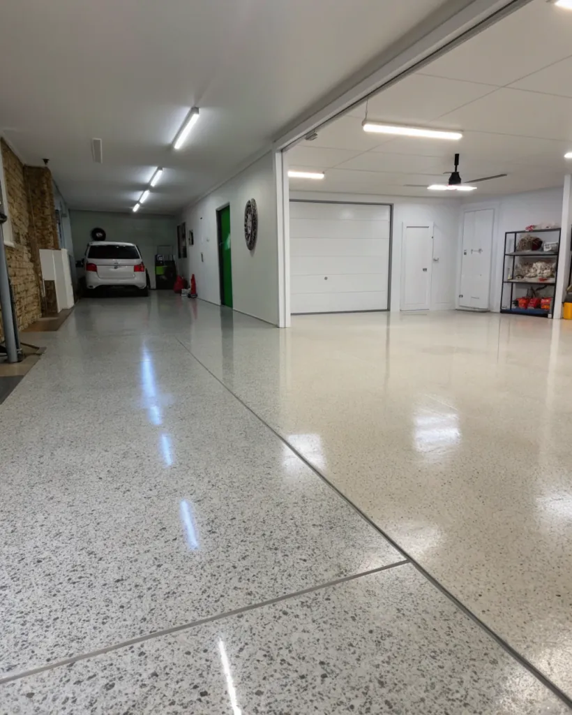 Split image of the same epoxy garage floor