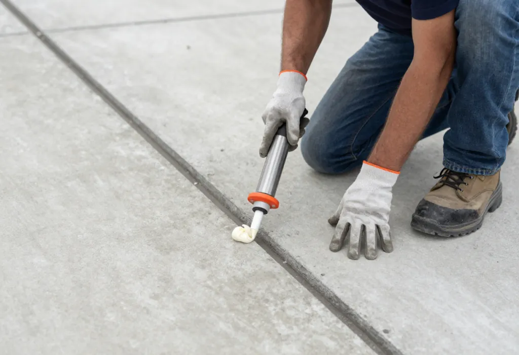Tradesperson in work boots and gloves kneeling on an industrial concrete floor