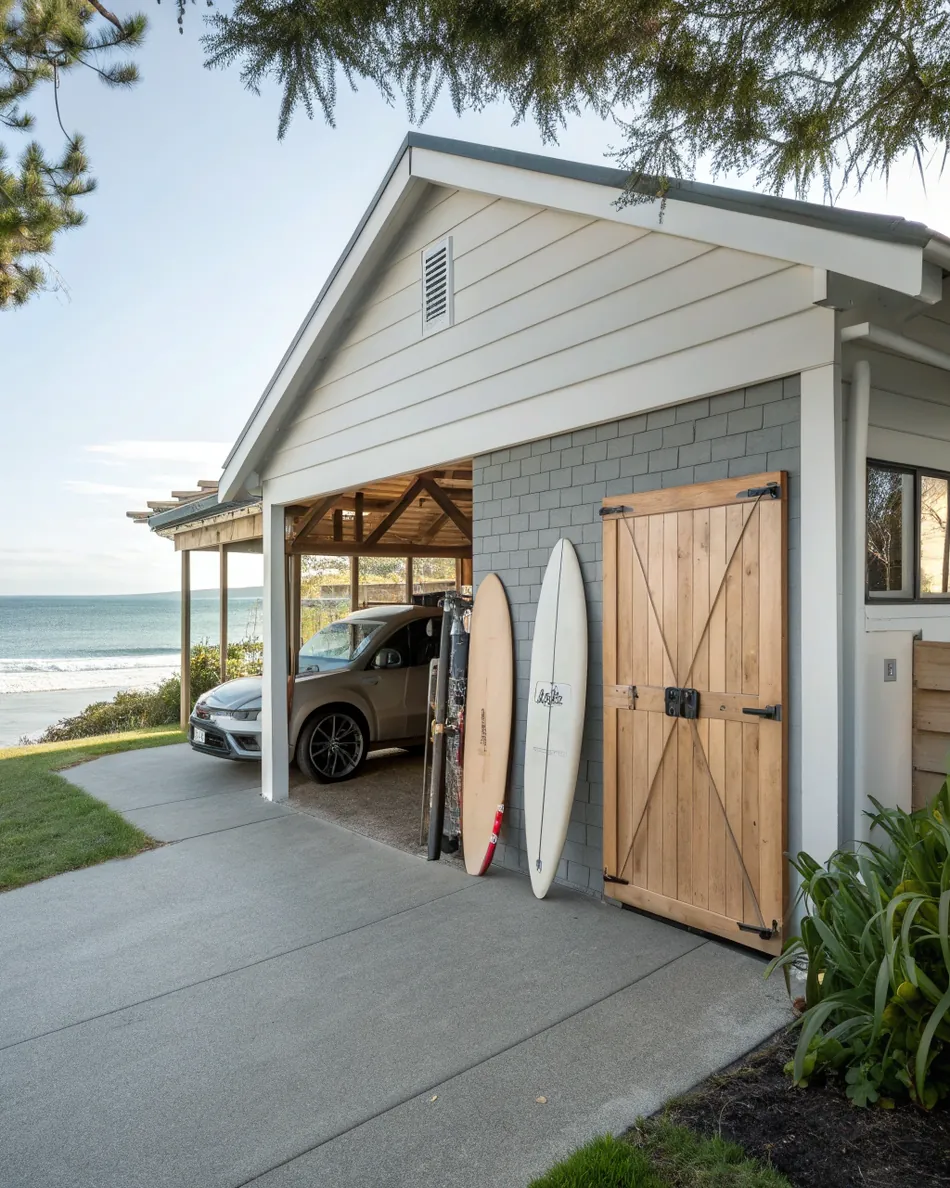 Weatherboard beach cottage garage with new grey epoxy floor coating
