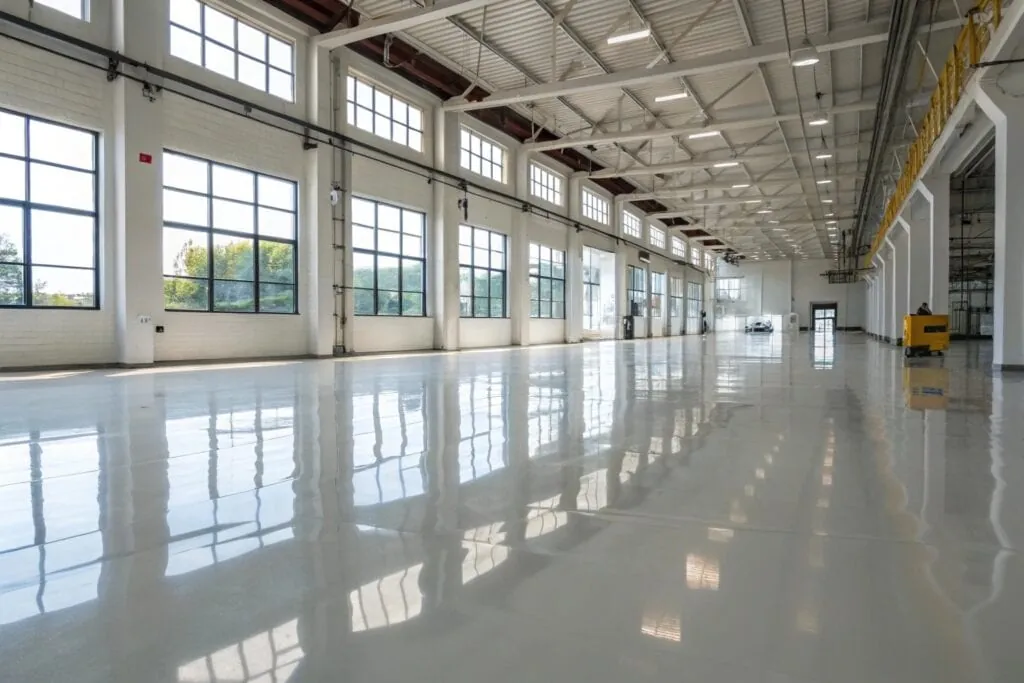 Commercial epoxy floor coating in industrial warehouse on the coast