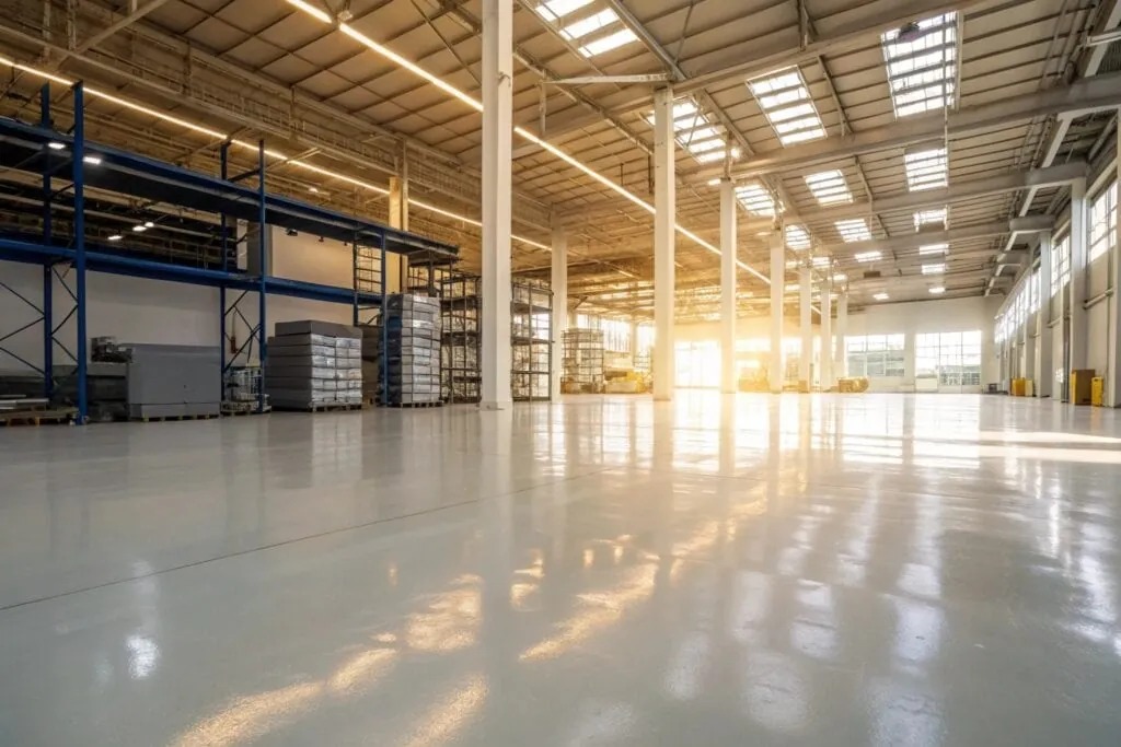 Well-maintained industrial epoxy floor in a warehouse facility