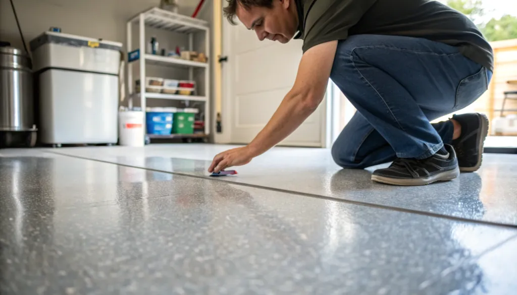 A close up shot of a person crouching down and inspecting an epoxy garage floor