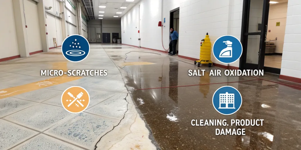 Split infographic showing 3 causes of epoxy floor dullness