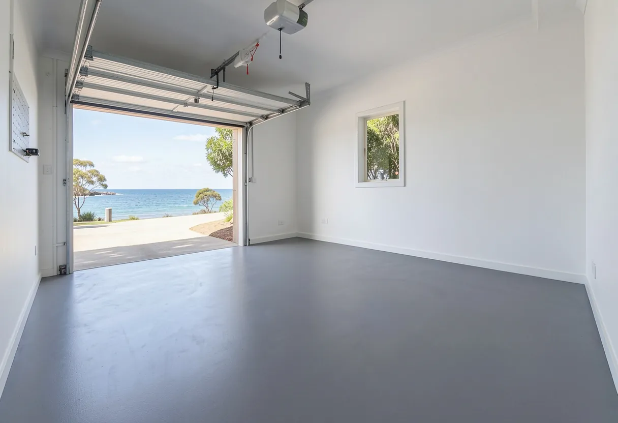 Garage with a grey epoxy floor and an open roller door looking out to the ocean