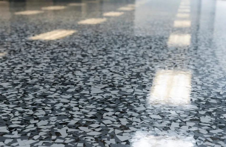 Decorative flake epoxy floor finish