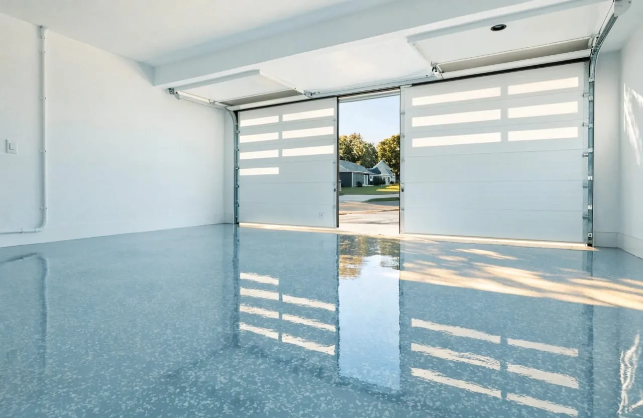 Light grey flake epoxy garage floor coating in a modern home