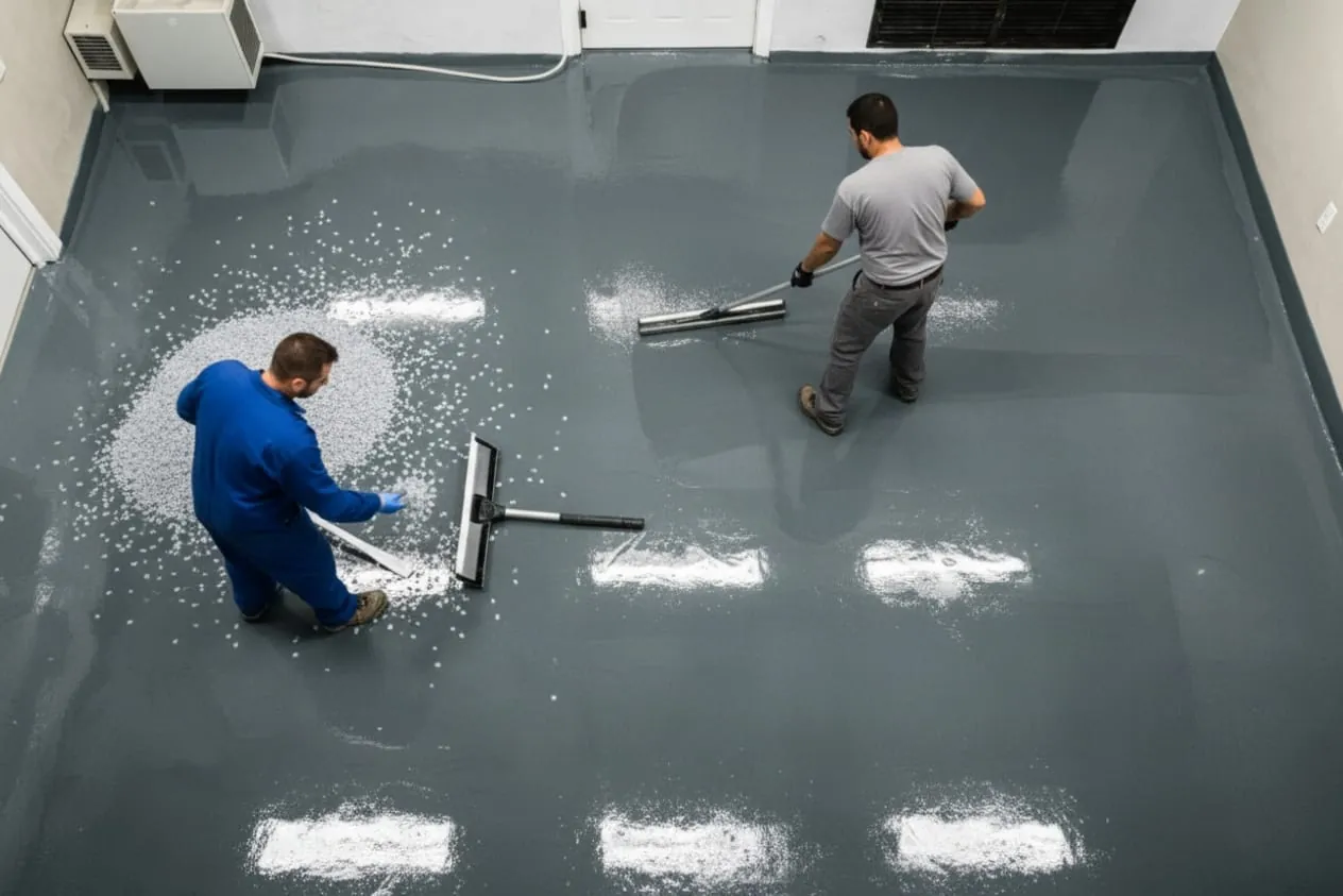 Two installers applying a flake broadcast and rolling epoxy coating onto a garage floor