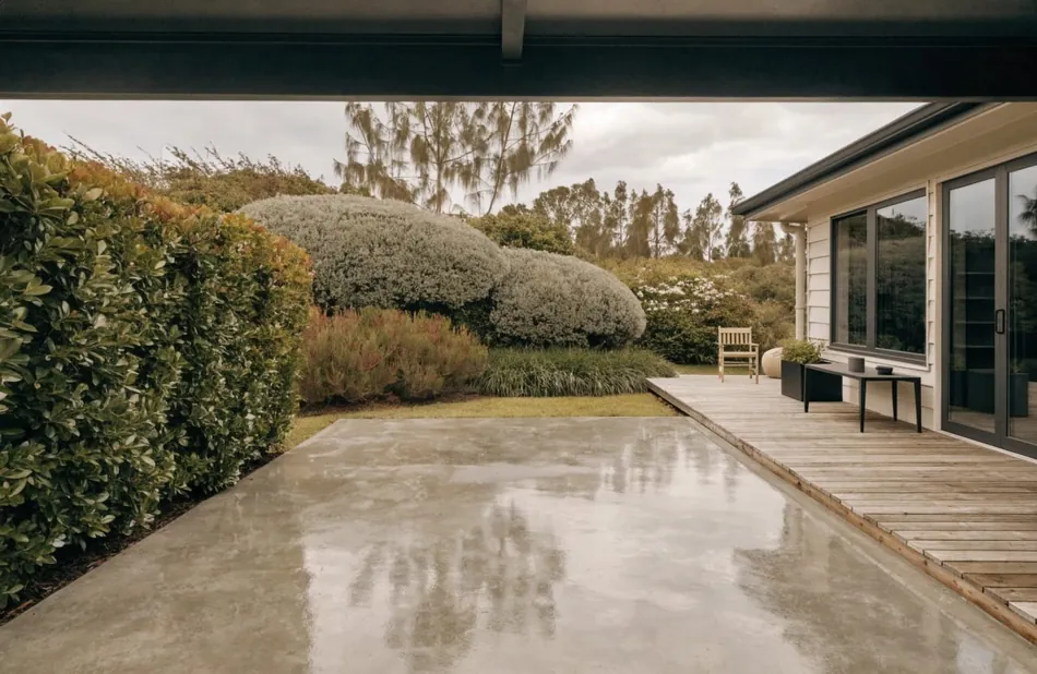 Sealed epoxy coating on a covered alfresco slab at a coastal property