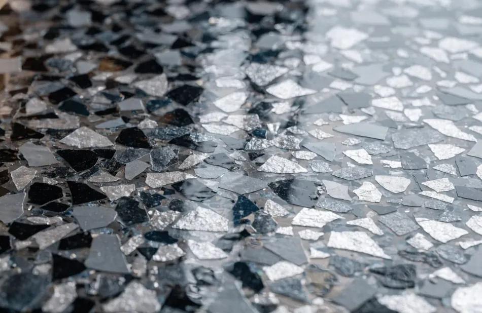 Close-up of decorative flake epoxy floor finish with gloss topcoat seal