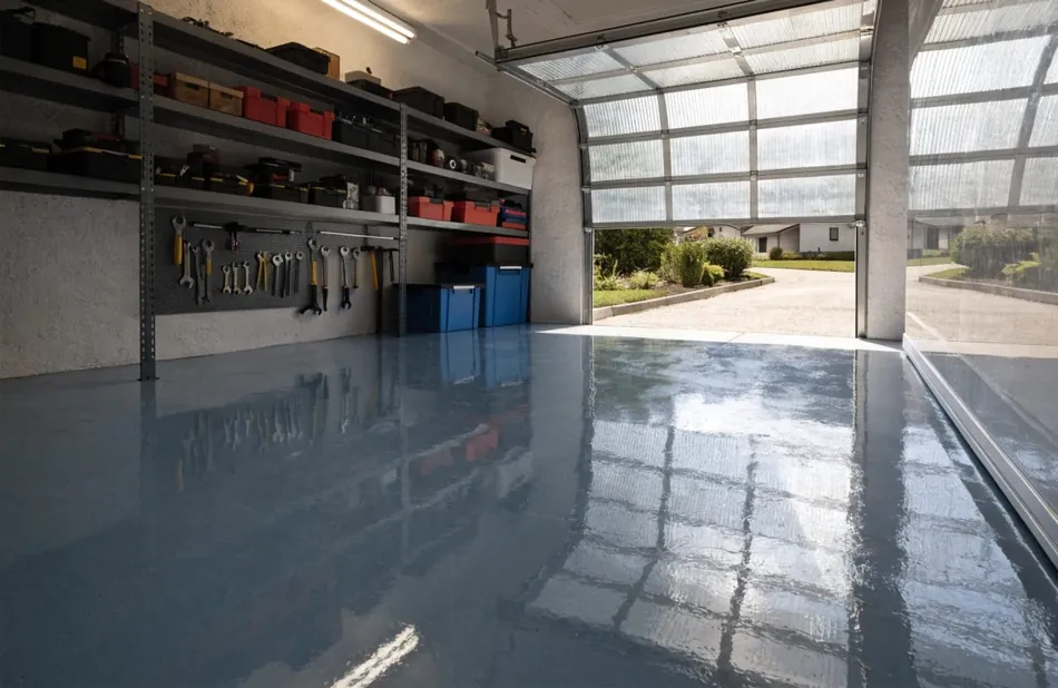 Completed solid grey epoxy floor coating in a modern Australian residential garage