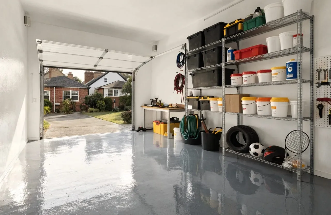 Epoxy garage floor coating in a residential property