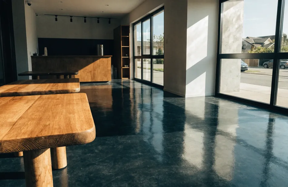 Sealed, polished concrete floor with a smooth reflective finish in a Kiama interior