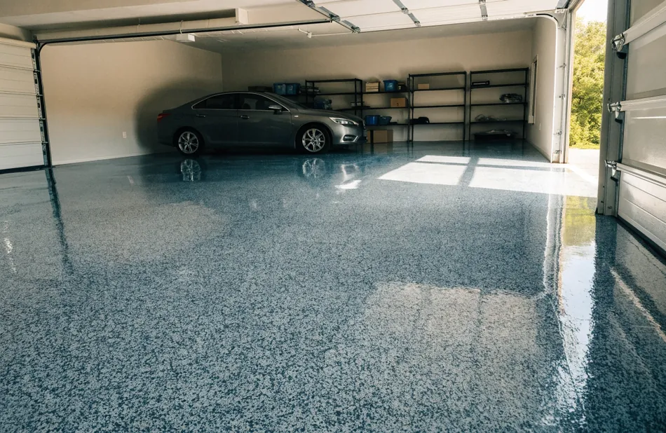 Clean double garage with a glossy speckled flake epoxy floor