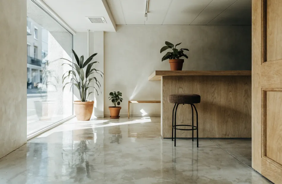 Small café interior with a polished, glossy epoxy floor finish
