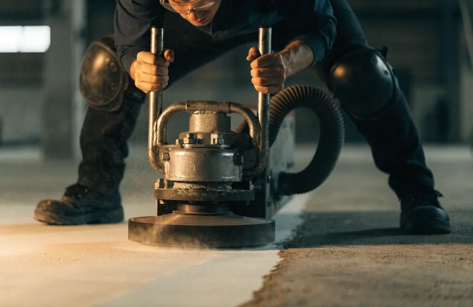 Tradesman using a diamond grinder to prepare a concrete slab before epoxy coating