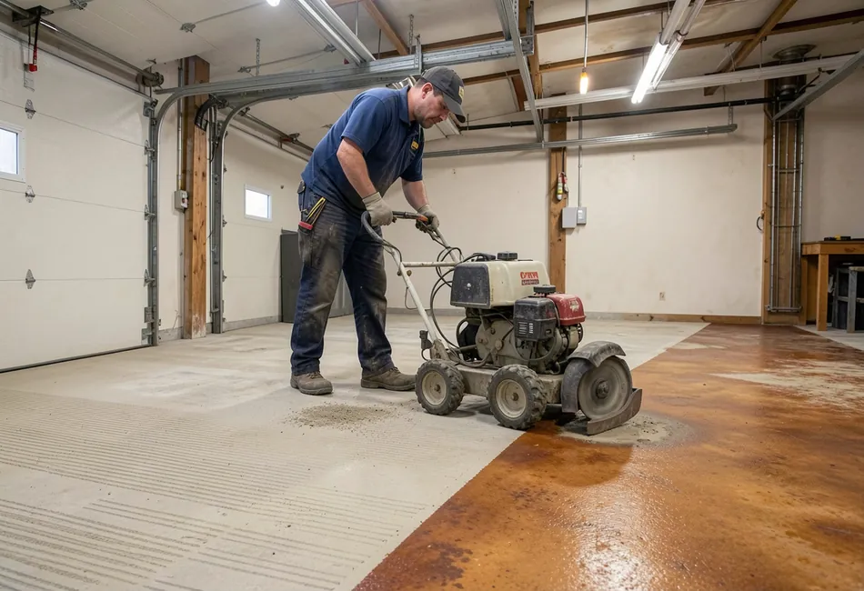 Tradesperson using a walk-behind grinder to prepare a concrete floor for resurfacing