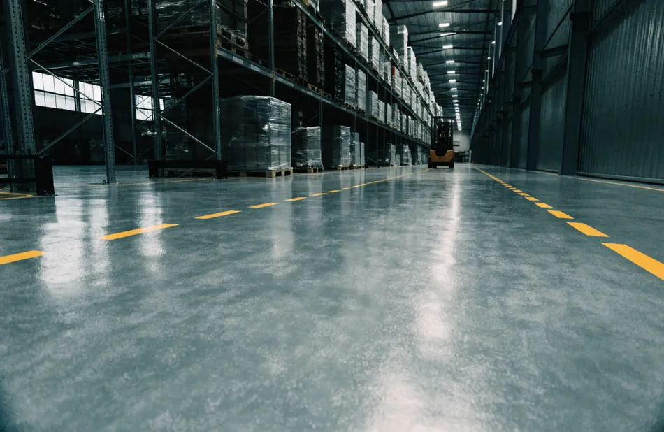 Warehouse aisle with a forklift on a grey epoxy floor marked with yellow line marking