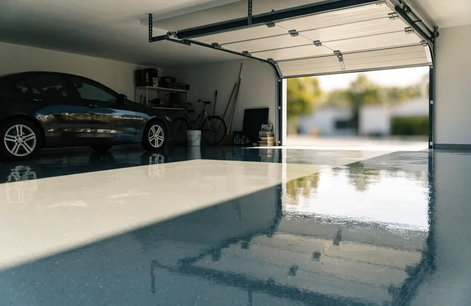 Freshly coated grey epoxy garage floor with a car parked and the door open