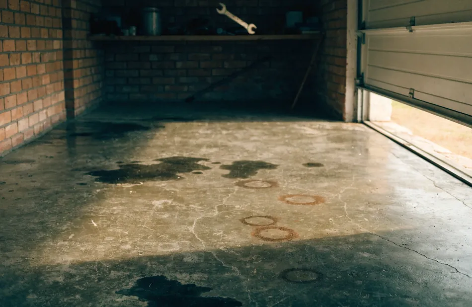 Worn, stained concrete garage floor before overlay treatment